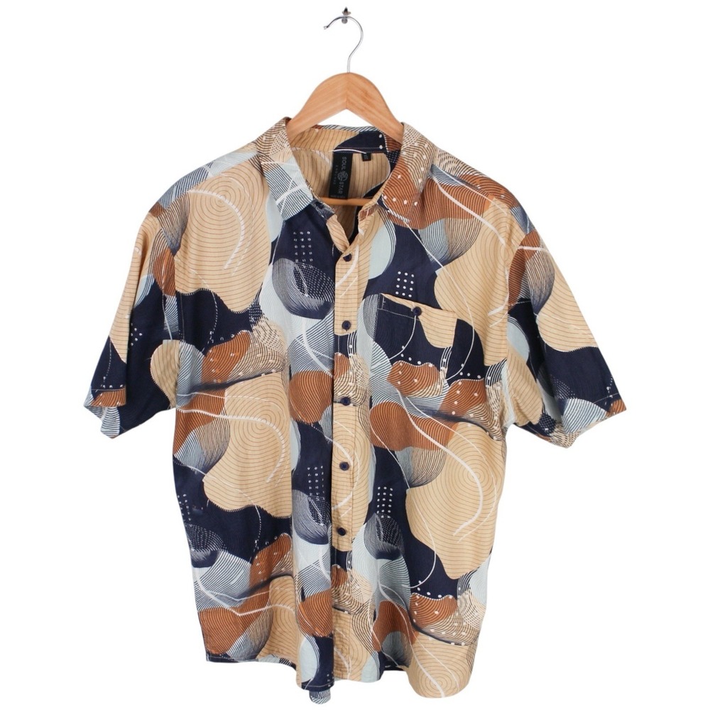 Soul Star Abstract Geometric Button Up Shirt Tan Blue Short Sleeve Mens XL